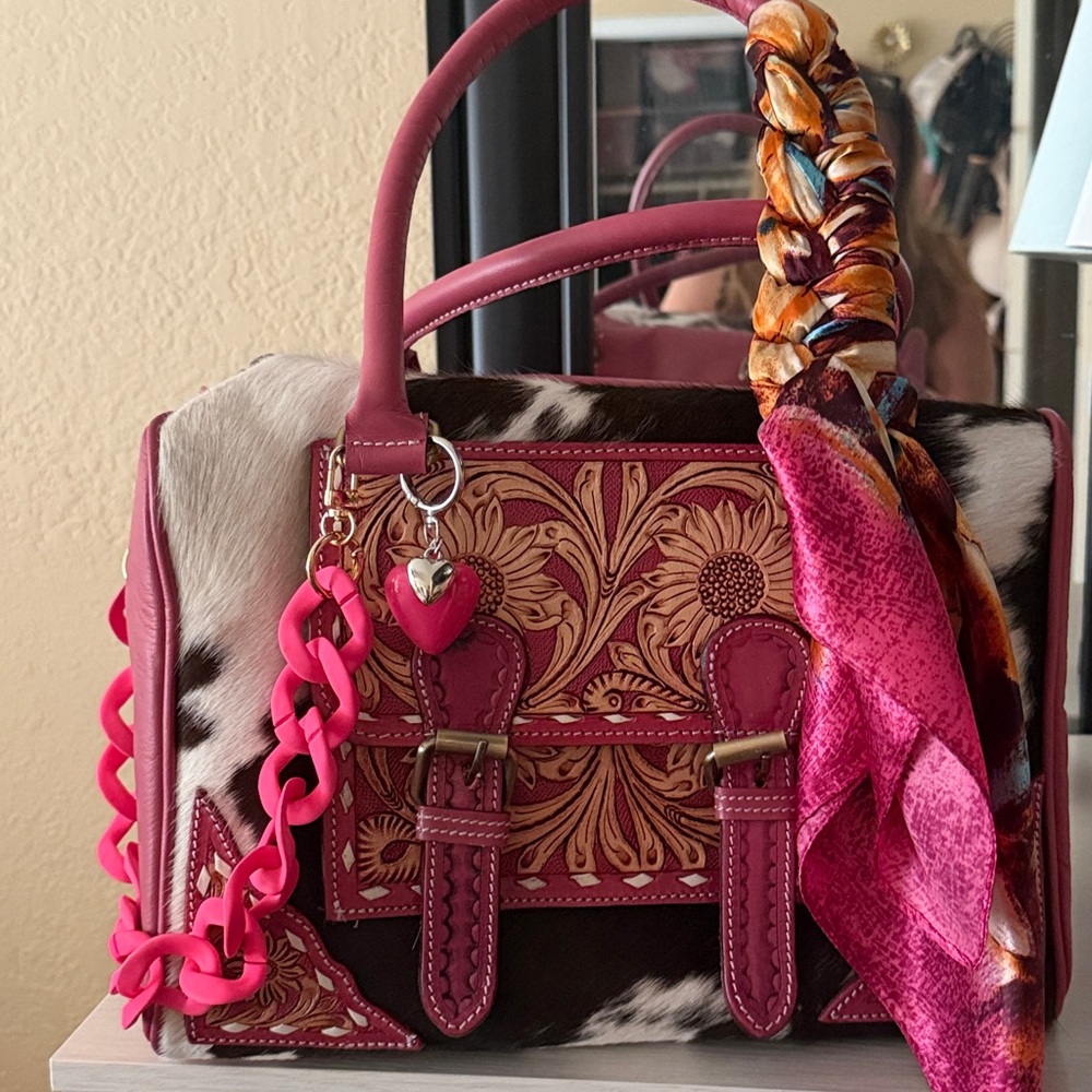 Fuchsia Tooled Leather & Cowhide Satchel with Scarf